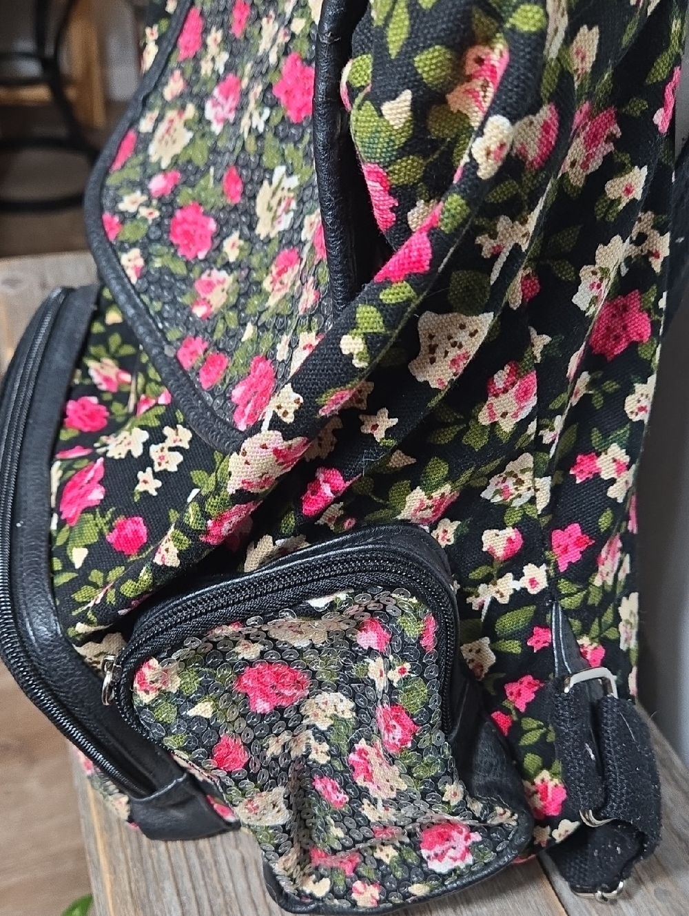 Candies Y2K Floral Sequin Backpack - Black with Pink & Cream Flowers Large - Picture 4 of 10